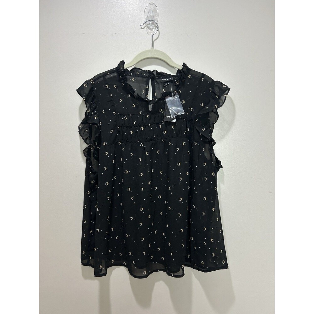 Torrid Black w/Gold Celestial Moon & Star Georgette Sleeveless Sheer Blouse Sz 1